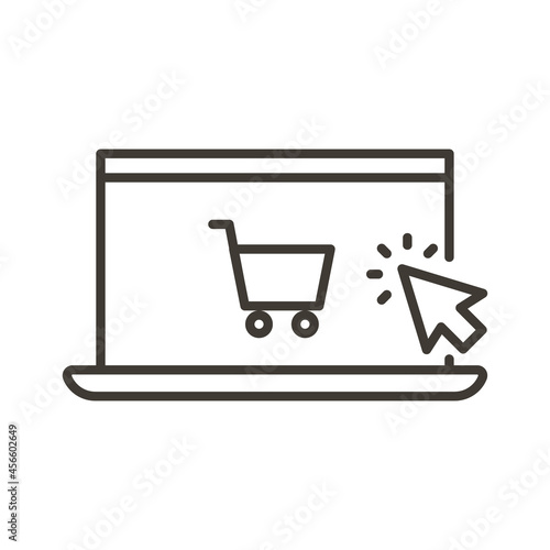 Laptop with shopping cart and arrow pointer. Vector thin line icon for concepts of online shopping, groceries, clothing and technology ordering online. Express delivery