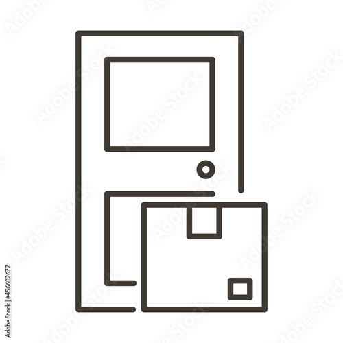 Delivery parcel box package at front door entrance. Vector thin line icon