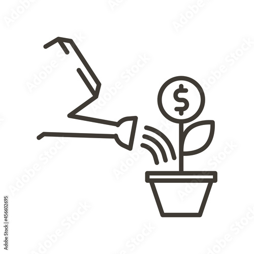 Watering can with a plant growing coin. Vector thin line icon for money growth, dollar sign, money growing on trees
