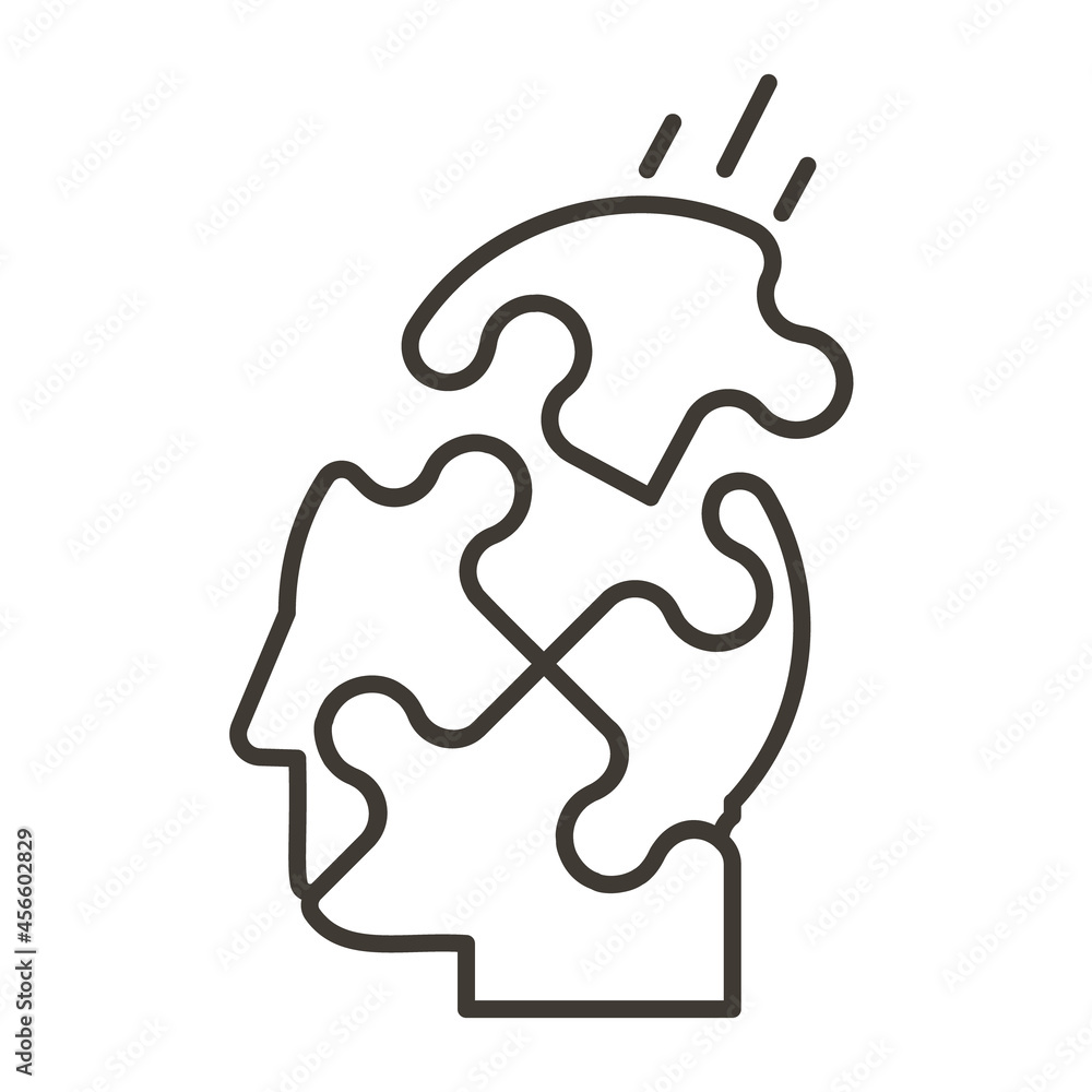Head profile of a person made of puzzle pieces. Vector thin line illustration for concepts of mental health, business or education problem solving, solutions, thinking or mental subjects like autism Head profile of a person made of puzzle pieces. Vector thin line illustration for concepts of mental health, business or education problem solving, solutions, thinking or mental subjects like autism