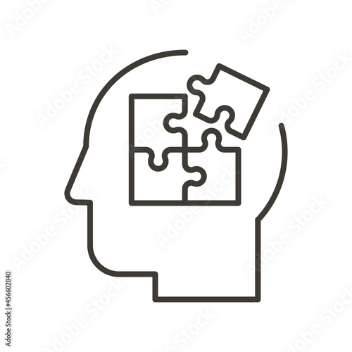 Head profile of a person with puzzle pieces. Vector thin line illustration for concepts of mental health, business or education problem solving, solutions, thinking or mental subjects like autism