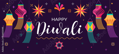 Happy Diwali Hindu festival banner, greeting card. Burning diya illustration, background for light festival of India