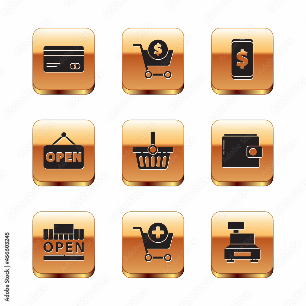 Set Credit card, Shopping building and open, Add to cart, basket, Hanging sign with Open, Smartphone dollar, Cash register machine and icon. Vector Set Credit card, Shopping building and open, Add to cart, basket, Hanging sign with Open, Smartphone dollar, Cash register machine and icon. Vector