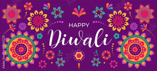 Happy Diwali Hindu festival banner, greeting card. Burning diya illustration, background for light festival of India