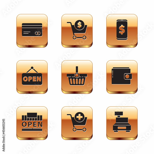 Set Credit card, Shopping building and open, Add to cart, basket, Hanging sign with Open, Smartphone dollar, Cash register machine and icon. Vector