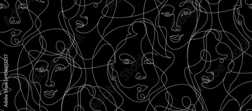 Black abstract pattern with one line portrait of a girl in the style of cubism and picasso for women is textile and surface design