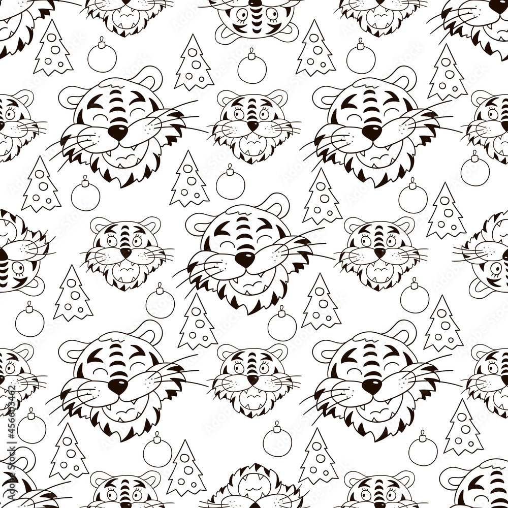 Obraz premium Coloring Seamless vector pattern with tigers faces. Pattern in hand draw style. New Year's holidays 2022