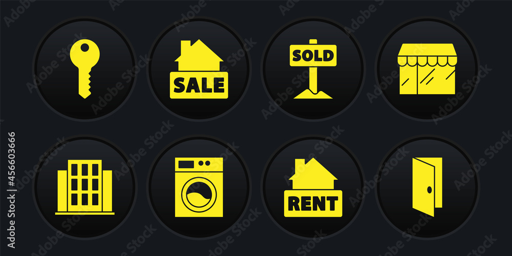 Set House, Market store, Washer, Hanging sign with Rent, text Sold, Sale, Closed door and key icon. Vector Set House, Market store, Washer, Hanging sign with Rent, text Sold, Sale, Closed door and key icon. Vector