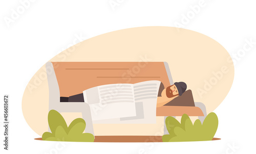 Homeless People Concept. Poor Bum Character in Dirty Ragged Clothes Sleeping on Bench Covered with Newspaper in Park