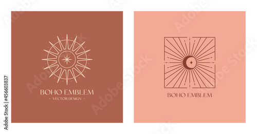 Vector bohemian logos design template with sun or guiding star crescent moon and light rays.Boho linear icons or symbols in trendy minimalist style.Modern celestial emblems.Branding design templates.