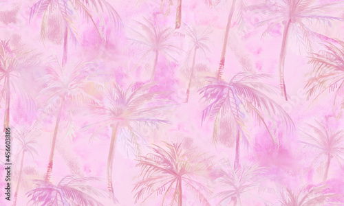 Pink watercolor seamless tropical pattern in discreet shades with coconut trees for textiles and surface design © Марина Воюш