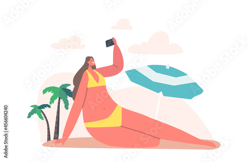 Young Woman Taking Selfie on Smartphone at Sea Beach with Palm Trees and Umbrella. Happy Girl on Summer Vacation