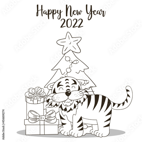 Symbol of 2022. New Year card in hand draw style. Coloring illustration for postcards, calendars © bubushonok