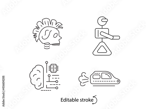 Cyberpunk outline icons set. Futuristic flying car.High tech technology brain. Skull with mohawk