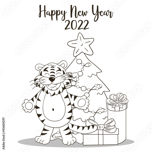 Symbol of 2022. New Year card in hand draw style. Coloring illustration for postcards  calendars