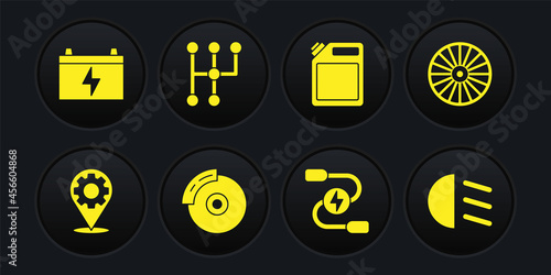 Set Car service, Alloy wheel, brake disk with caliper, battery jumper power cable, Canister for gasoline, Gear shifter, High beam and icon. Vector