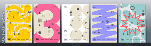 Abstract Paintings. Set of vector illustrations. Memphis and Bauhaus style designs. Geometric shapes, backgrounds, trendy patterns. Retro elements for web, sale banners, posters, flyer.