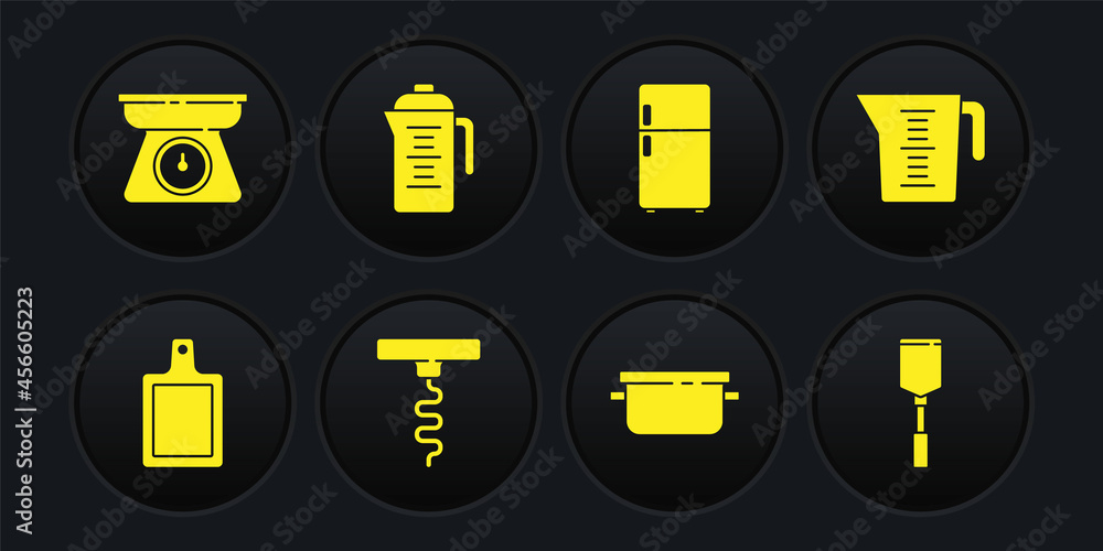 Set Cutting board, Measuring cup, Wine corkscrew, Cooking pot, Refrigerator, Teapot, Spatula and Scales icon. Vector Set Cutting board, Measuring cup, Wine corkscrew, Cooking pot, Refrigerator, Teapot, Spatula and Scales icon. Vector