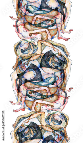 Seamless pattern with curved people painted with watercolor. An ornament of twisted human bodies.
