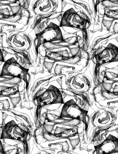 Seamless pattern with curved people painted with watercolor. An ornament of twisted human bodies. Design for a book cover or textile