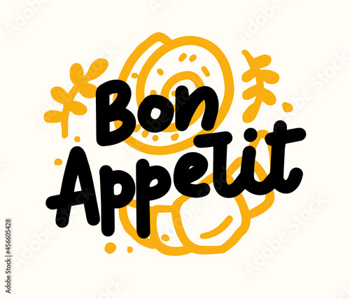 Bon Appetit Food Poster with Doodle Croissant and Cinnabon Bun. Lettering Print for Kitchen Decor, Cafe, Coffee House