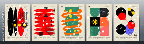 Abstract Paintings. Set of vector illustrations. Memphis and Bauhaus style designs. Geometric shapes, backgrounds, trendy patterns. Retro elements for web, sale banners, posters, flyer.