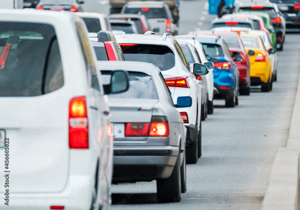 Traffic on a multi-lane road in big city center downtown