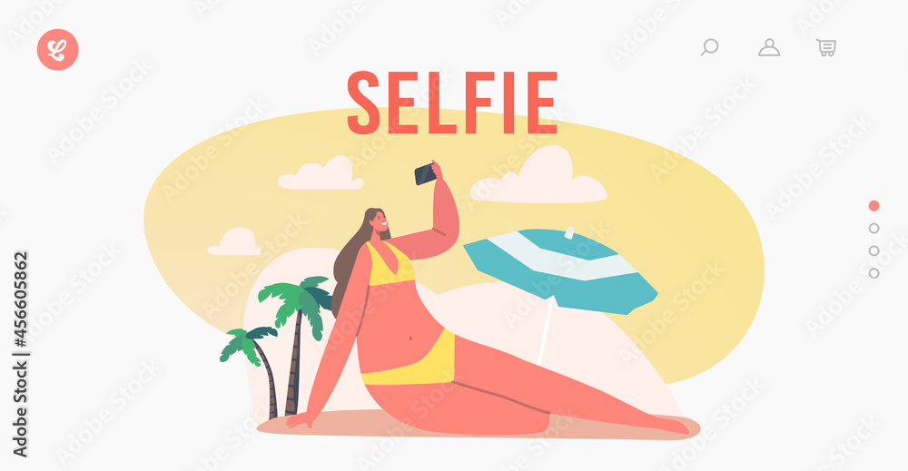 Young Woman Taking Selfie on Smartphone at Sea Beach Landing Page Template. Happy Female Character Shoot Vacation Relax