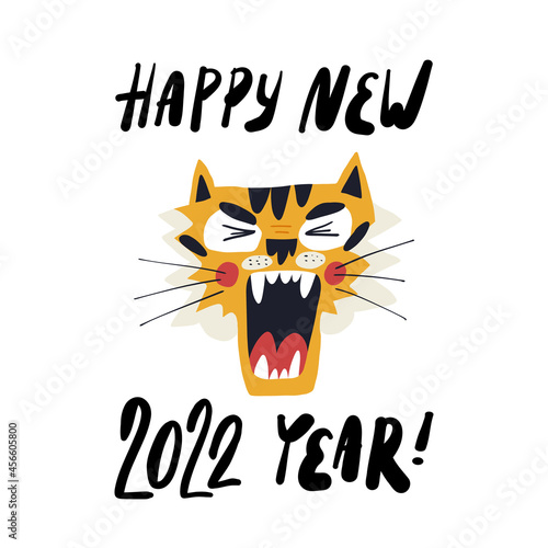 Cute hand-drawn tiger, the symbol of 2022 year, screams Happy New Year. Greeting card, banner design with hand lettering