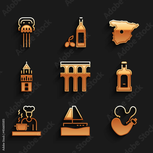 Set Aqueduct of Segovia, Yacht sailboat, Spanish wineskin, Orujo, cook, Giralda, Map Spain and Peineta icon. Vector