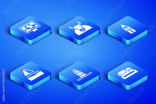 Set Stadium Mestalla, Picture art, Agbar tower, Yacht sailboat, Bull and Giralda icon. Vector