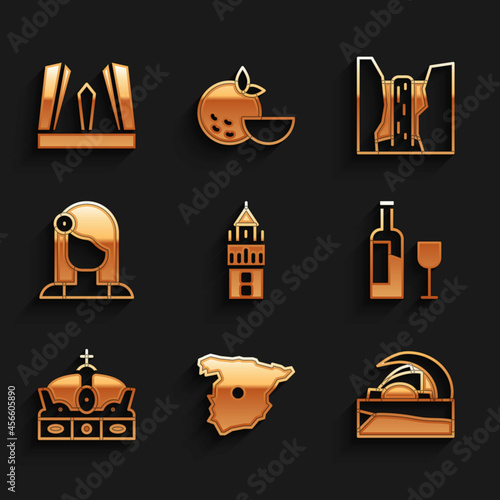 Set Giralda, Map of Spain, Concert hall de Tenerife, Wine bottle with glass, Crown spain, Spanish woman, Algar waterfall and Gate Europe icon. Vector