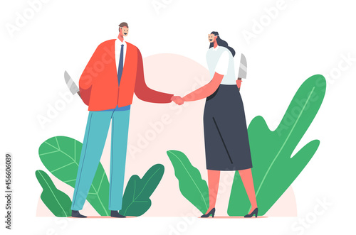 Business Betrayal Concept. Masked Businessman and Businesswoman Characters Shaking Hands, Hiding Knife Behind of Back