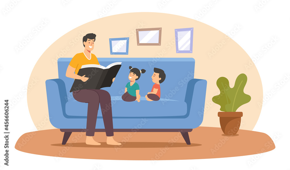 Father Reading Book to Kids, Happy Family Characters Spend Time Together at Home, Parent Read to Children, Sparetime Father Reading Book to Kids, Happy Family Characters Spend Time Together at Home, Parent Read to Children, Sparetime