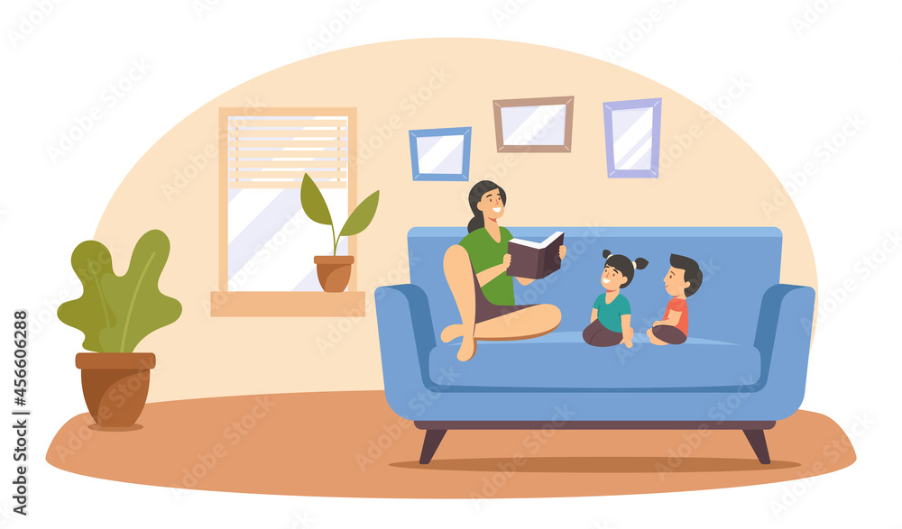 Mother Reading Book to Kids, Happy Family Sparetime, Relax, Spend Time Together at Home, Parent Read to Children