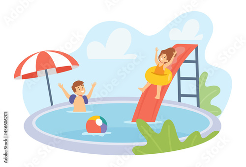 Boy and Girl Characters in Swimwear Playing in Swimming Pool. Kids Having Fun on Summer Vacation. Children on Rings