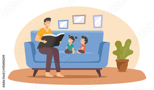 Father Reading Book to Kids, Happy Family Characters Spend Time Together at Home, Parent Read to Children, Sparetime