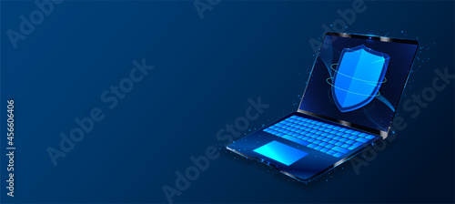 Cyber security, data protection, cyberattacks concept on blue background. Database security software development. Online security concept. Laptop protected with shield. Vector illustration