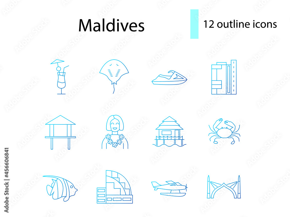 Maldives outline icons set. Tropical attributes, travel guide. Beach resort. Isolated vector stock illustration