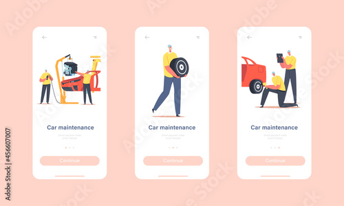 Car Maintenance Mobile App Page Onboard Screen Template. Workers on Plant Production Line, Vehicle Manufacture Factory