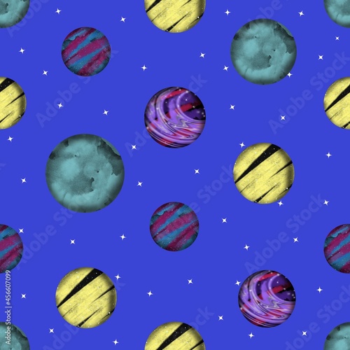 Space seamless pattern with planets and stars. Bright texture for kids.
