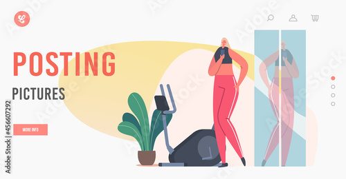 Posting Pictures Landing Page Template. Female Character in Sportswear Taking Selfie in Gym. Sporty Girl Shoot Photo