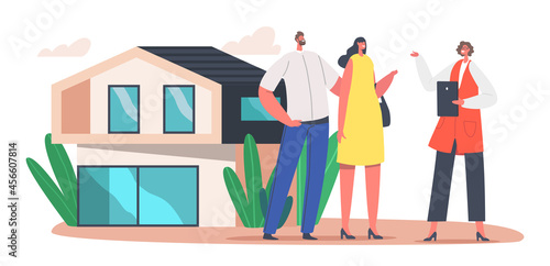 Couple Buying Luxury Suburban Cottage. Realtor Selling House to Clients. Manager Character Make Deal with Owner of House