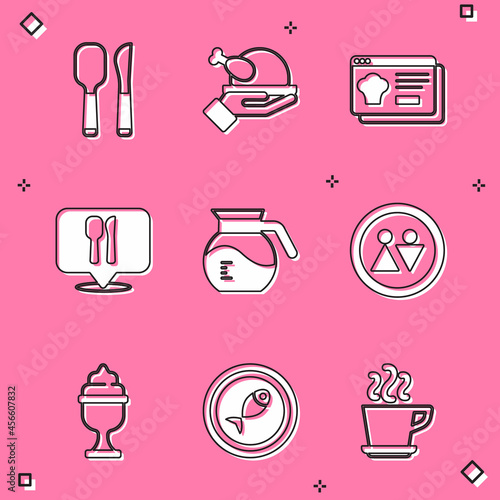 Set Knife and spoon, Roasted turkey or chicken, Online ordering delivery, Cafe restaurant location, Coffee pot, Toilet, Ice cream bowl and Served fish plate icon. Vector