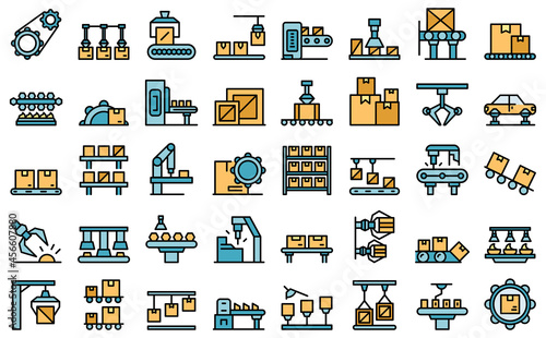 Serial production icons set outline vector. Industrial batch. Mass machinery photo