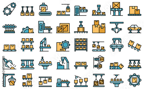 Serial production icons set outline vector. Industrial batch. Mass machinery