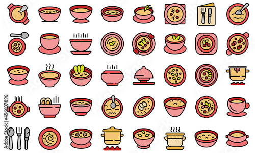 Cream soup icons set outline vector. Meal soup. Cream bowl