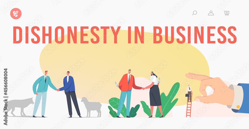 Dishonesty in Business Landing Page Template. Trickery People Betrayal. Characters with Knife Shake Hand, Sheep and Wolf