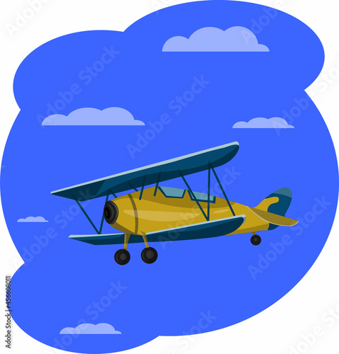 Old retro biplane flying in the blue sky with clouds. Airplane model, two wings. Vector cartoon style airplane illustration. Designed for poster printing