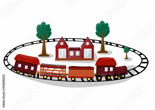 Toy railway. Train toy. Locomotive for kid. Cartoon engine, wagon, wheels and railway for child. Transport children game. Vector.